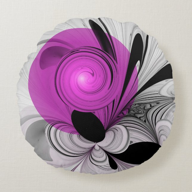 Coussins Ronds Gris Noir Abstrait Avec Art Fractal Magenta (Devant)