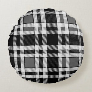Coussins Ronds Gris Noir Blanc Flanné Plaid Tartan Design