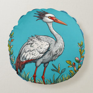 Coussins Ronds Grue cendrée Oiseau parmi les fleurs épanouies