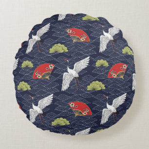 Coussins Ronds Grues et ventilateurs japonais : Motif Vintage