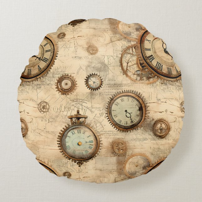 Coussins Ronds Grunge Rustic Steampunk Horloge (6) (Devant)