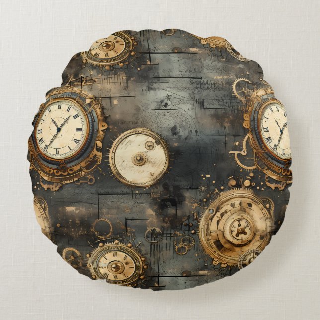 Coussins Ronds Grunge Rustic Steampunk Horloge (8) (Devant)