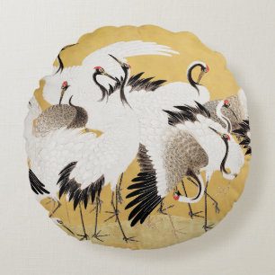 Coussins Ronds Grupe de grues japonaises Vintage Oiseau Riche Cla