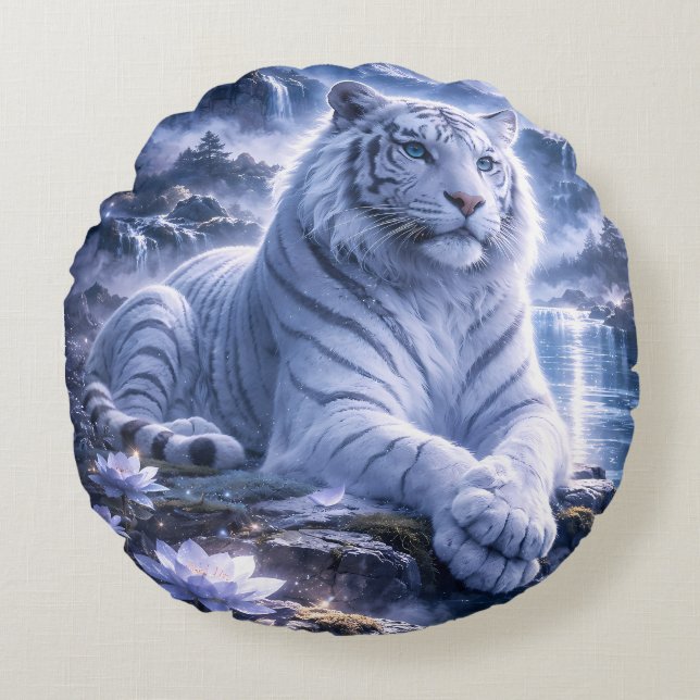 Coussins Ronds Guardian White Tiger – Silent Strength and Gentle  (Devant)