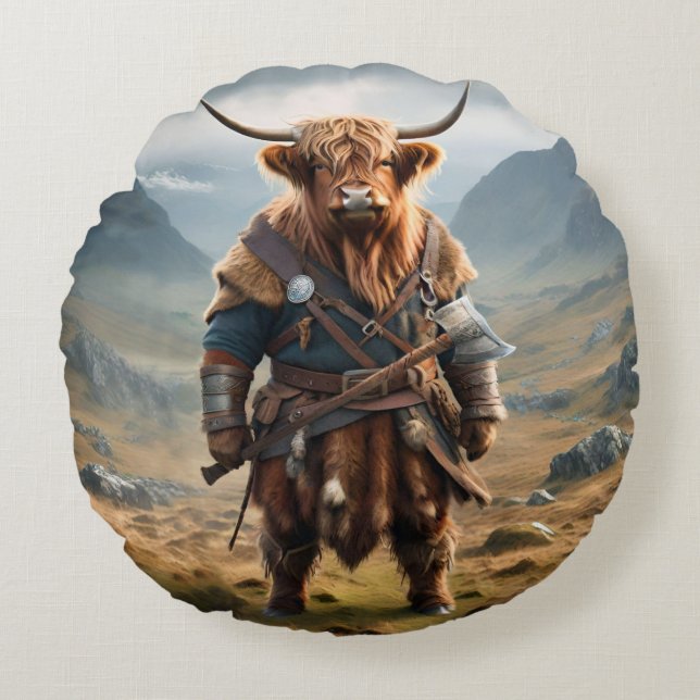 Coussins Ronds Guerrier Écossais Féroce : La Vache Viking Courage (Devant)
