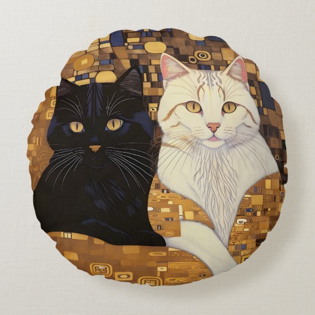 Coussins Ronds Gustav Klimt A Inspiré Deux Chats En Lit (Devant)