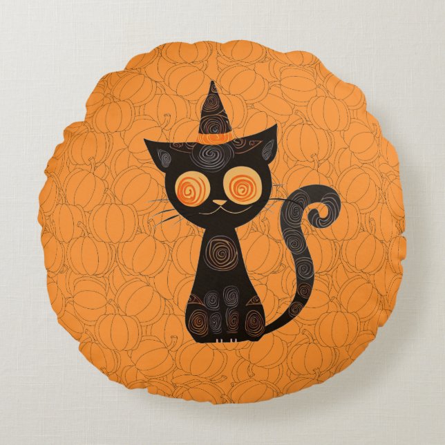 Coussins Ronds Halloween/chat/citrouille/automne  (Devant)