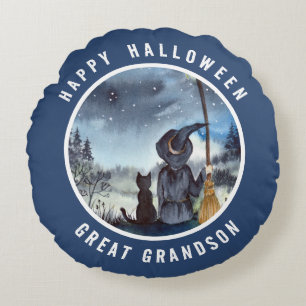Coussins Ronds Halloween Chat noir et la Sorcière étoile nuit