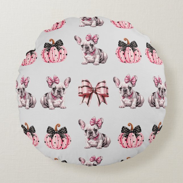 Coussins Ronds Halloween Coquette Bulldog Bow citrouille rose (Devant)