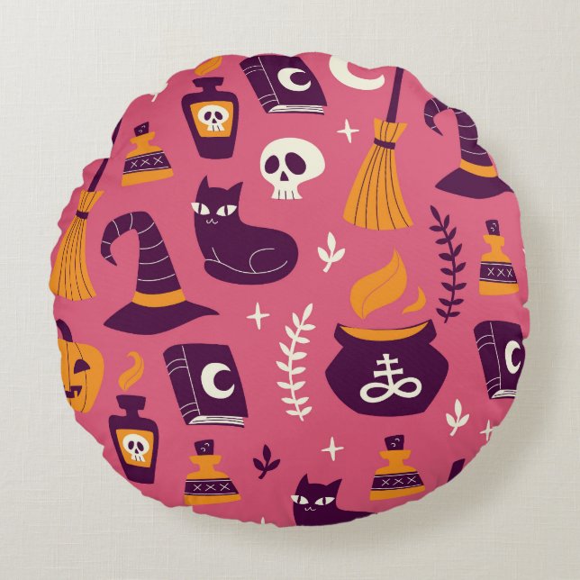 Coussins Ronds Halloween dessiné à la main, motif éffrayant sans  (Devant)