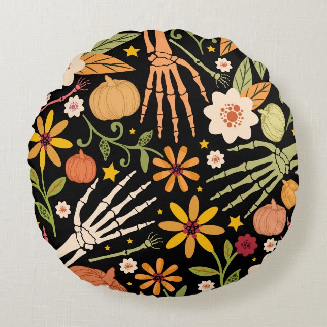 Coussins Ronds Halloween sans couture motif avec os et floral e (Devant)