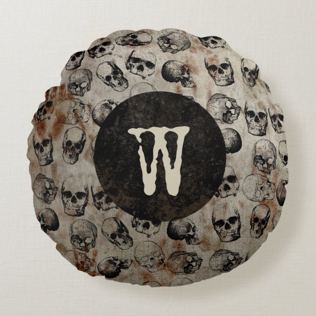 Coussins Ronds Halloween Vintage Skuls déprimé Monogramme (Devant)