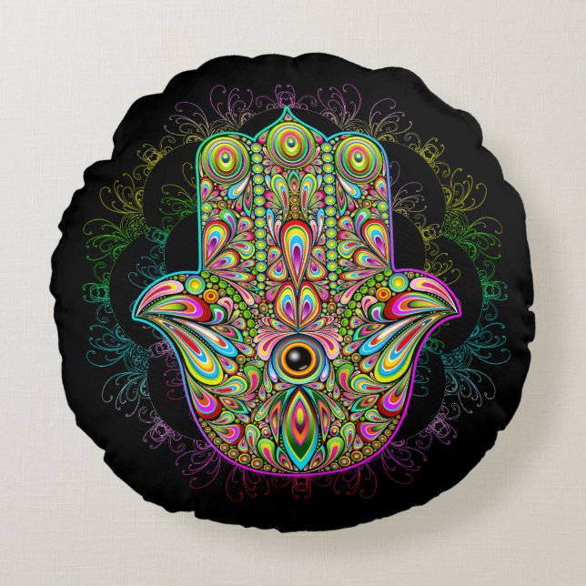 Coussins Ronds Hamsa Fatma Main Psychedelic Art (Devant)