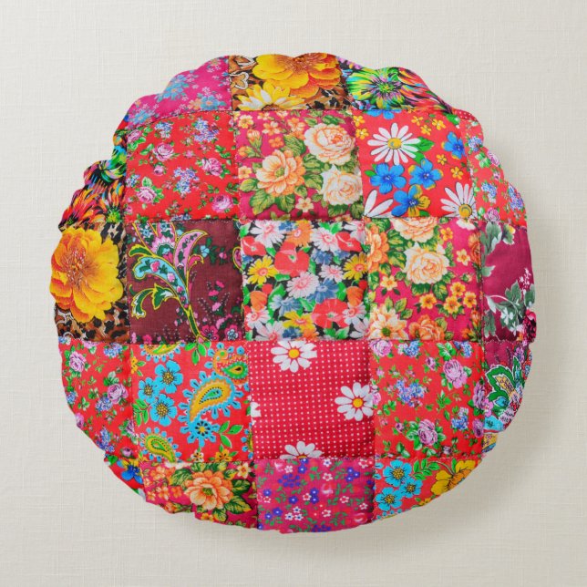 Coussins Ronds Handmade patchwork quilt with floral pattern as ba (Devant)