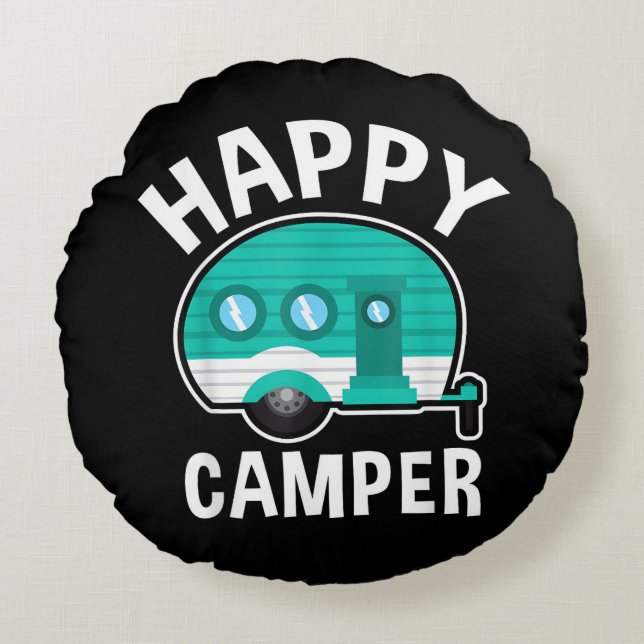 Coussins Ronds Happy Camper Camping Car Caravan Funny Vacation (Devant)