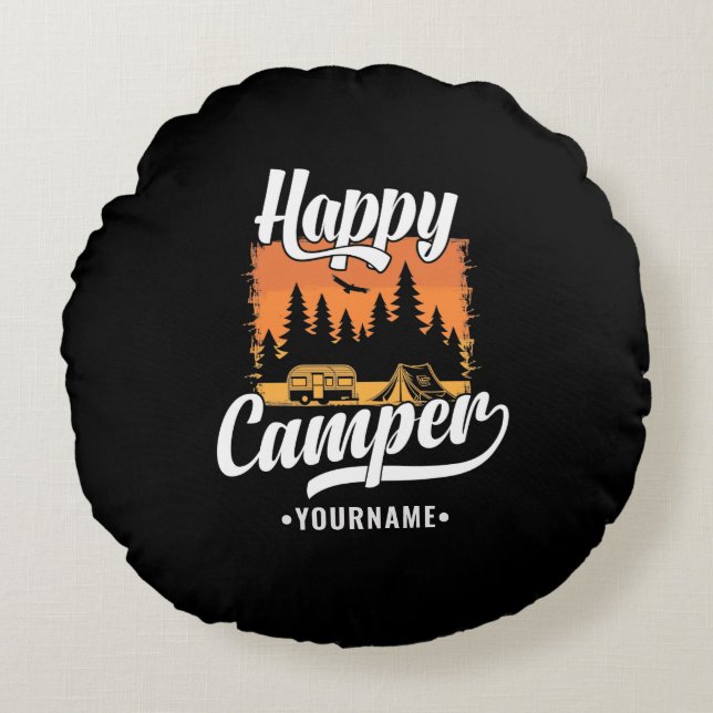 Coussins Ronds Happy Camper Camping Randonnée Voyage Caravan Life (Devant)