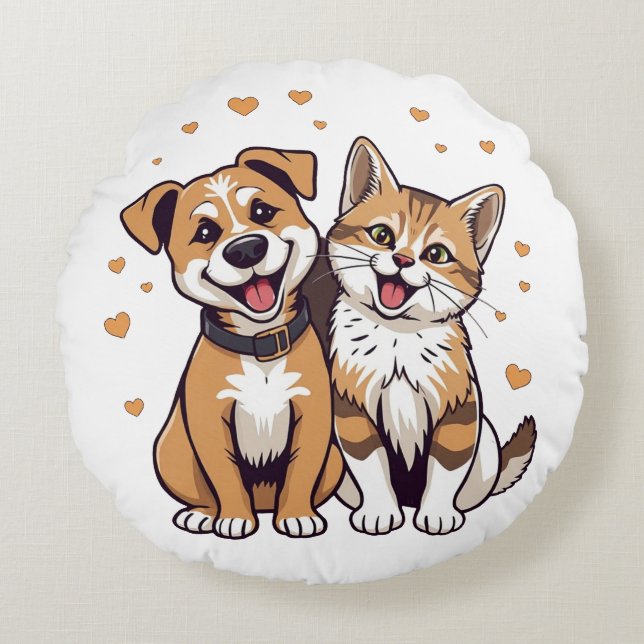 Coussins Ronds Happy Chien et Chat avec Coeurs (Devant)