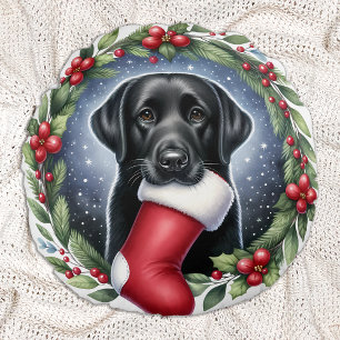 Coussins Ronds Happy Labrador Retriever Christmas Wreath Dog