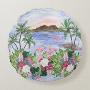 Coussins Ronds Hawaiian Bliss : Motif d'aquarelle tropicale
