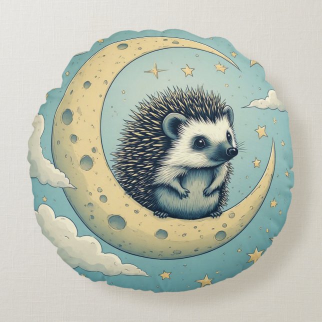 Coussins Ronds Hérisson Mignon Assis sur un Croissant de Lune (Devant)
