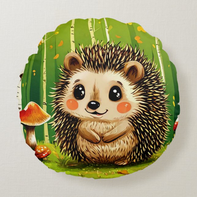 Coussins Ronds Hérisson mignon sur fond de forêt verte (Devant)