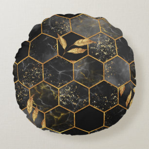 Coussins Ronds Hexagon de marbre, Texture Feuille d'or.