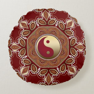 Coussins Ronds Hexagon Red Earth Gold Yin Yang Feng Shui Mandala