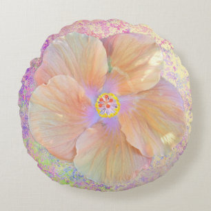 Coussins Ronds Hibiscus fleur tropicale iridescente or rose migno