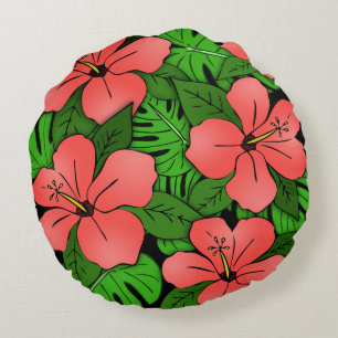 Coussins Ronds Hibiscus pêche & Monstera