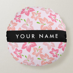 Coussins Ronds Hibiscus rose, Fleurs roses, Votre nom