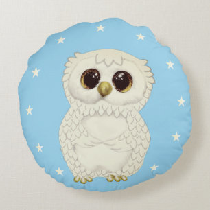 Coussins Ronds Hibou blanc et étoiles sur fond bleu clair