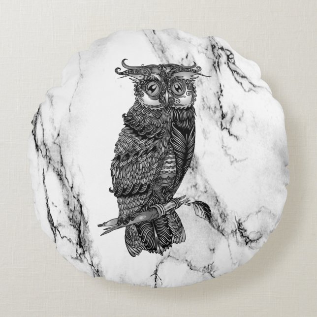 Coussins Ronds Hibou camouflé sur marbre (Devant)