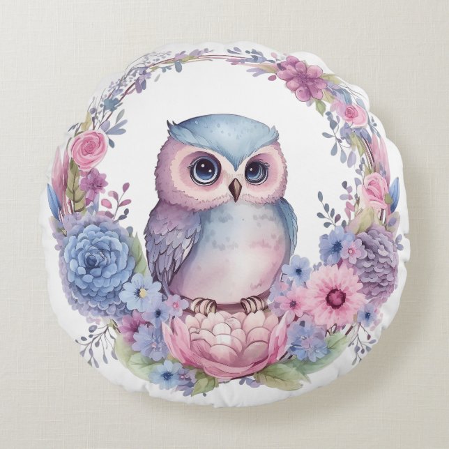 Coussins Ronds Hibou de fleurs (Devant)