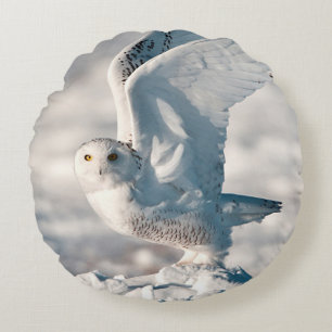 Coussins Ronds Hibou des neiges décollant de la neige