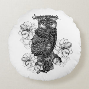 Coussins Ronds Hibou Gris Orchidées Blanches