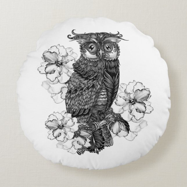 Coussins Ronds Hibou Gris Orchidées Blanches (Devant)