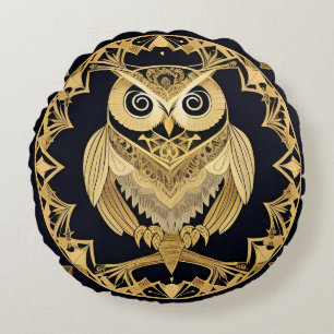 Coussins Ronds Hibou Ornemental Doré avec Motif Décoratif