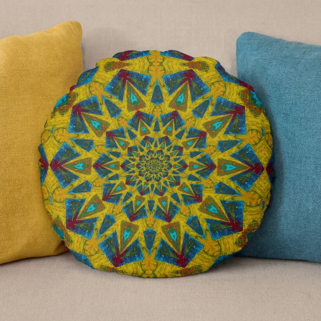 Coussins Ronds Hippie bohème bleu jaune Floral ethnique Tribal (Créateur téléchargé)