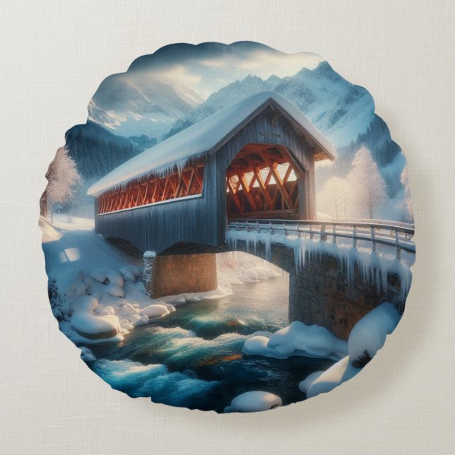 Coussins Ronds Hiver, pont enneigé et rivière (Devant)