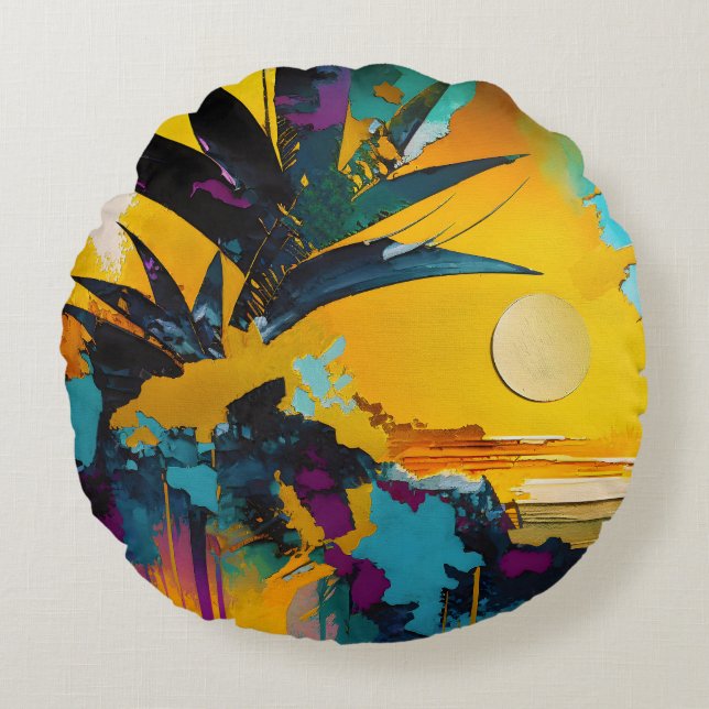 Coussins Ronds Horizon Doré – Coucher de Soleil Tropical Abstrait (Devant)