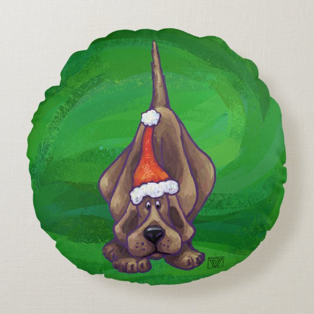 Coussins Ronds Hound Dog Noël sur Green (Devant)