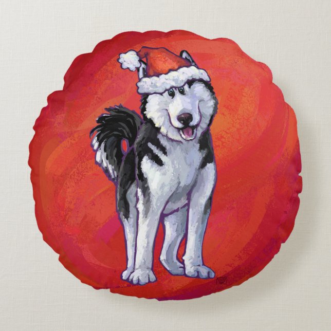 Coussins Ronds Husky à Santa Hat Sur Rouge (Devant)