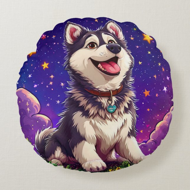 Coussins Ronds Husky Joyeux Contre Ciel Étoilé (Devant)