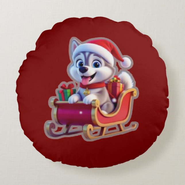 Coussins Ronds Husky Riding Santa’s Sleigh – Cute 3D Christmas Ca (Devant)