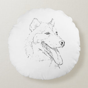 Coussins Ronds Husky sibérien – Dessin au trait minimaliste de ch