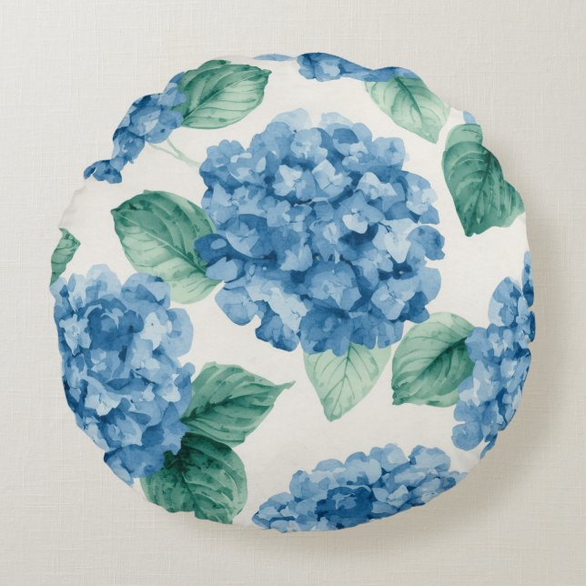 Coussins Ronds Hydrangea Blues Fleurs Aquarelle Botanique Florais (Devant)