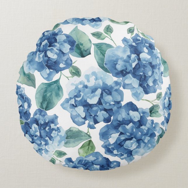 Coussins Ronds Hydrangea Blues | Motif Fleur Fleur d'Hydrangea Aq (Devant)