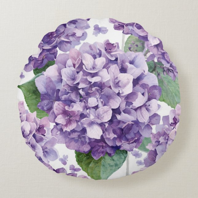 Coussins Ronds Hydrangea Violette Fleur Lavande Aquarelle  (Devant)
