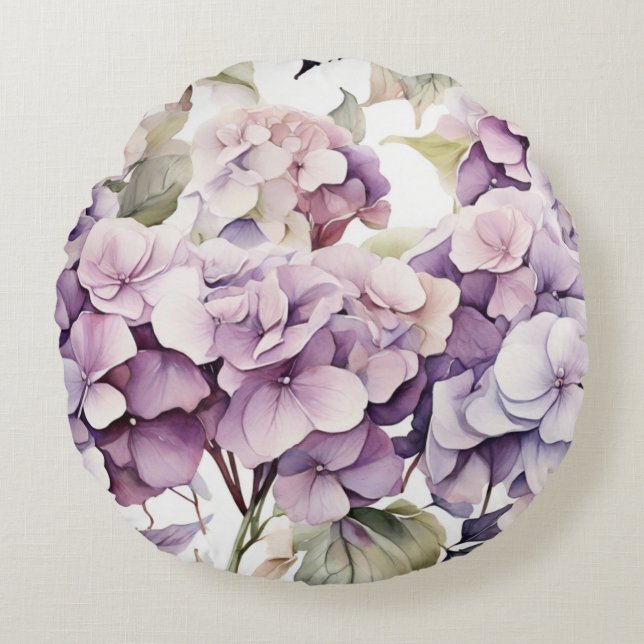Coussins Ronds Hydrangeas aquarelle rose violet élégant  (Devant)