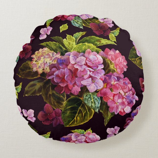 Coussins Ronds Hydrangée, foncé, motif floral transparent. (Devant)